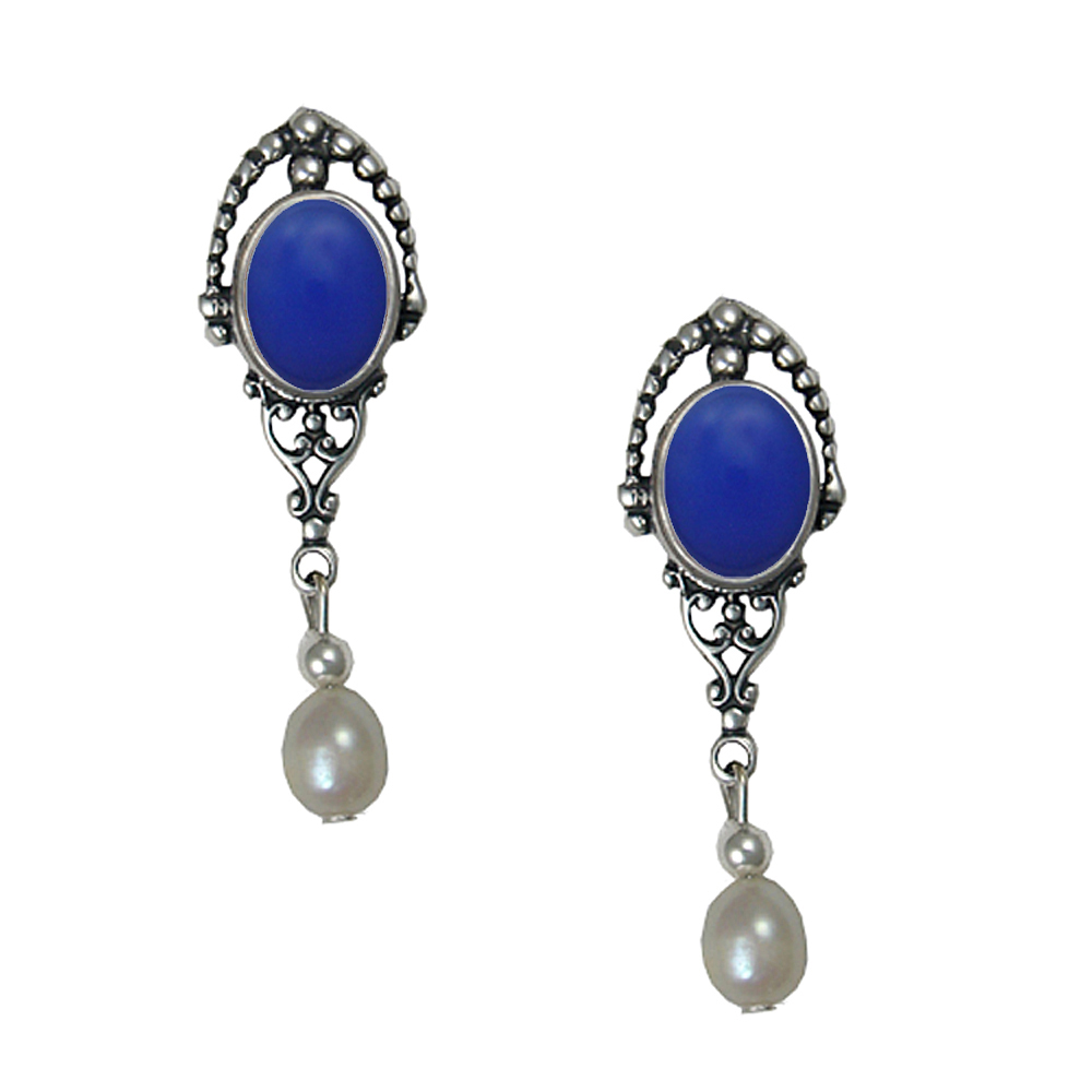 Sterling Silver Cultured Freshwater Pearl Drop Dangle Earrings With Blue Onyx